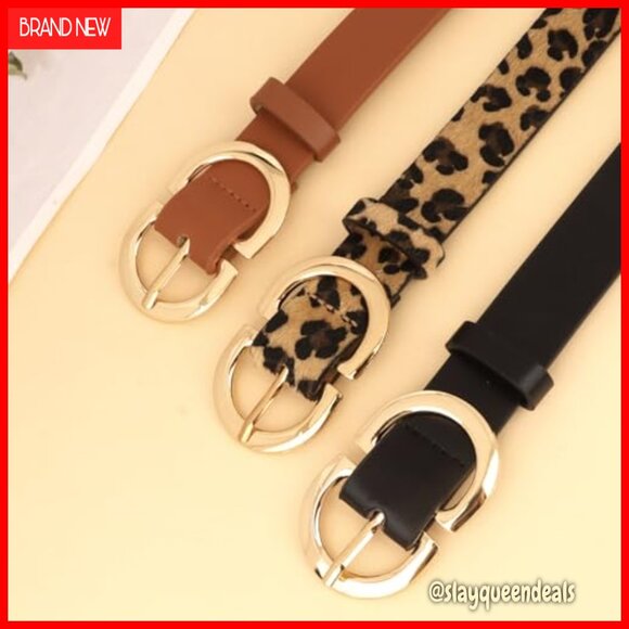 3 Pack Faux Leather Belts with Gold Buckle for Women Jeans Dresses main image 5